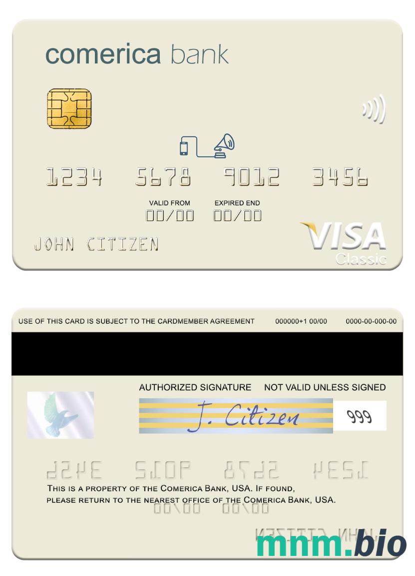 USA Comerica Bank przykład karty visa w formacie PSD